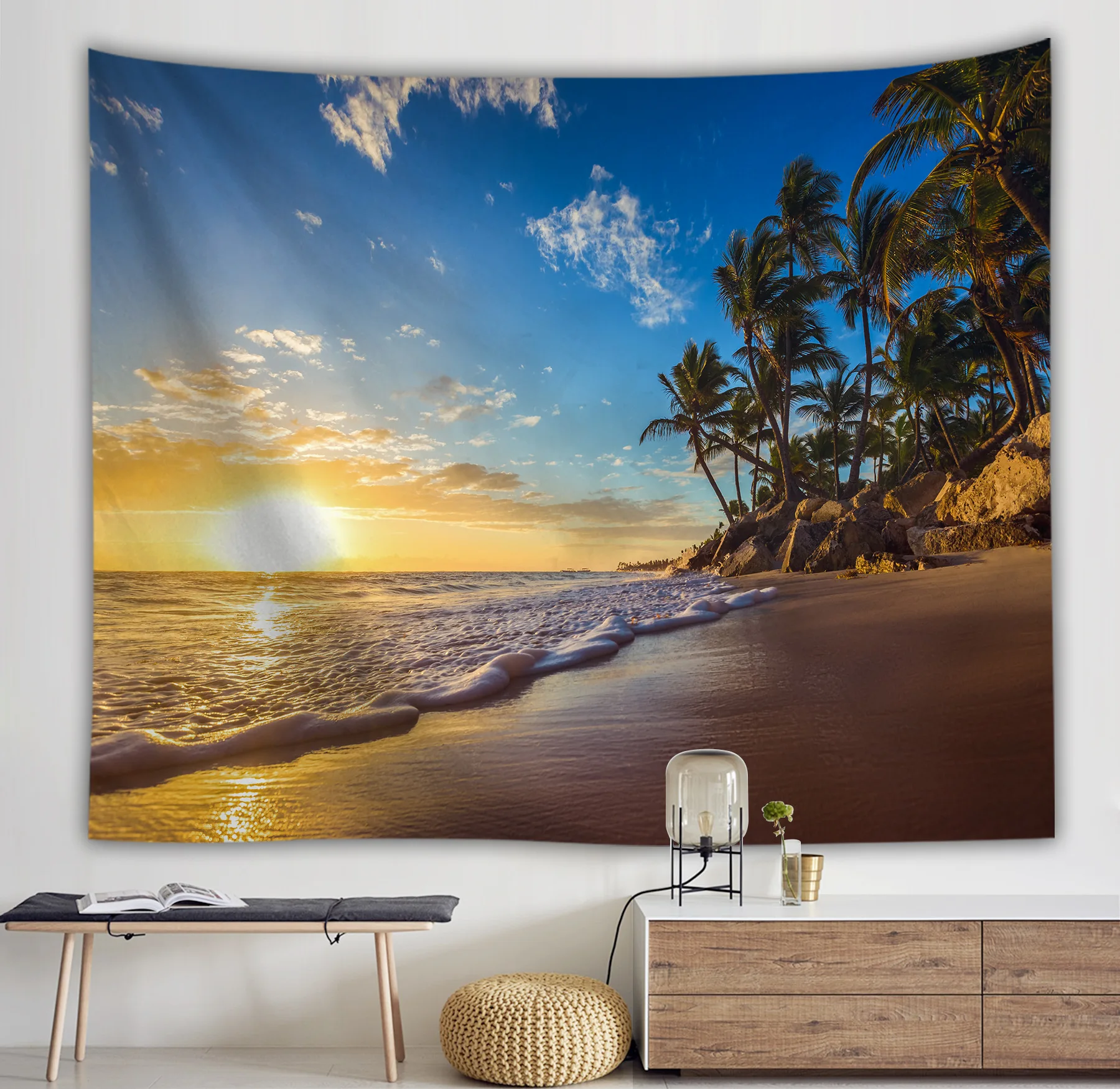 

Yaapeet 1pc Polyester Wall Tapestry Beach Tropical Printed Wall Hanging Pretty Sunset Wall Tapestry Sea View Wall Art Decor