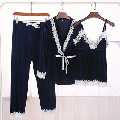 blue set Fiklyc Нижнее белье женские зимние Бархатные Комплект из трех предметов; купальный халат+ Топы+ штаны, пижамные комплекты Женская сексуальная одежда для сна, пижамный комплект для детей, Лидер продаж - Цвет: blue set