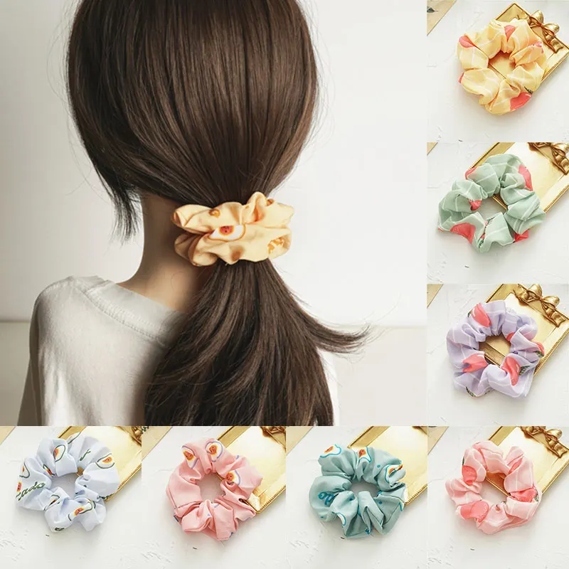 

2021 Hair Accessories Fruit Printed Women Ring Cute Headwear Chiffon Elastic Soft Tie Girls Scrunchies Rope