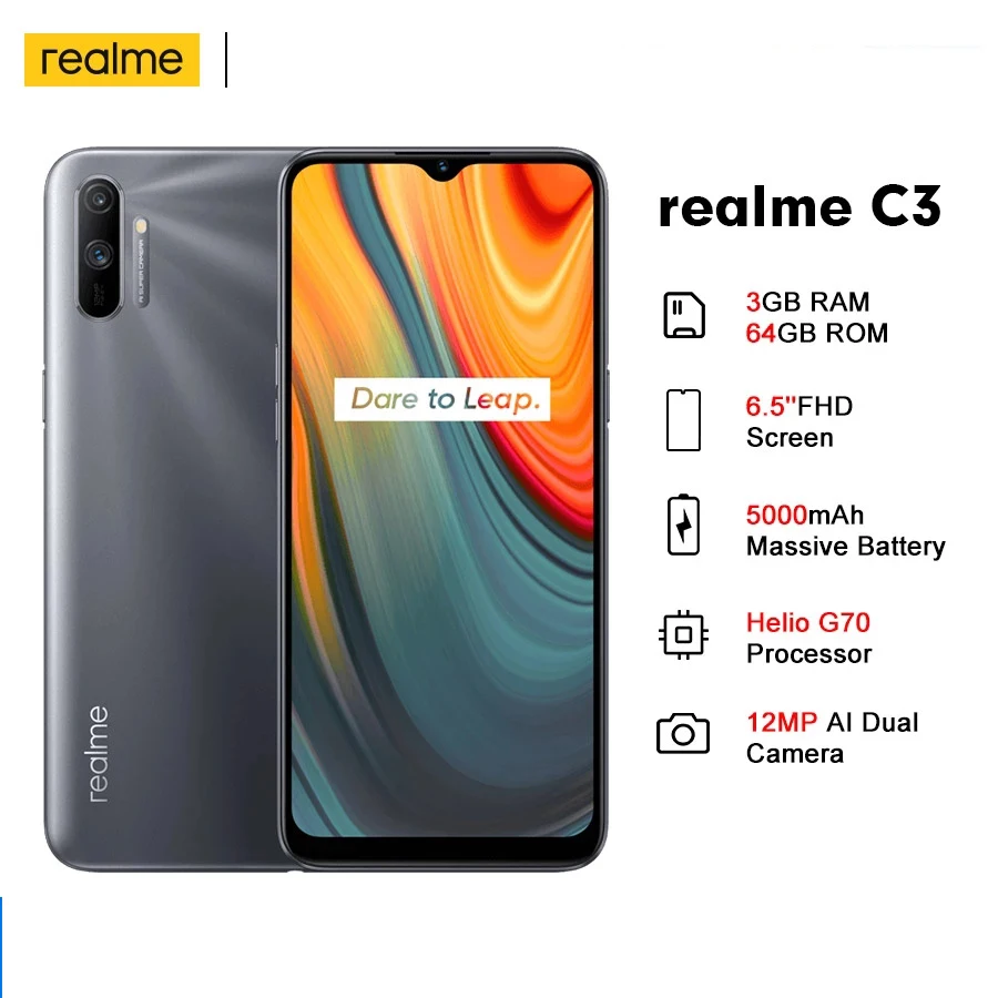 

realme C3 Global Version 3GB RAM 64GB ROM Mobile Phone Helio G70 Octa Core 12MP Triple Camera Cellphone 5000mAh 10W EU Charger