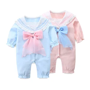 Весенняя одежда для новорожденных; Комбинезоны для девочек с длинными рукавами и матросским воротником; Комбинезоны для младенцев; Костюмы с большим бантом; 2 цвета; От 0 до 2 лет
