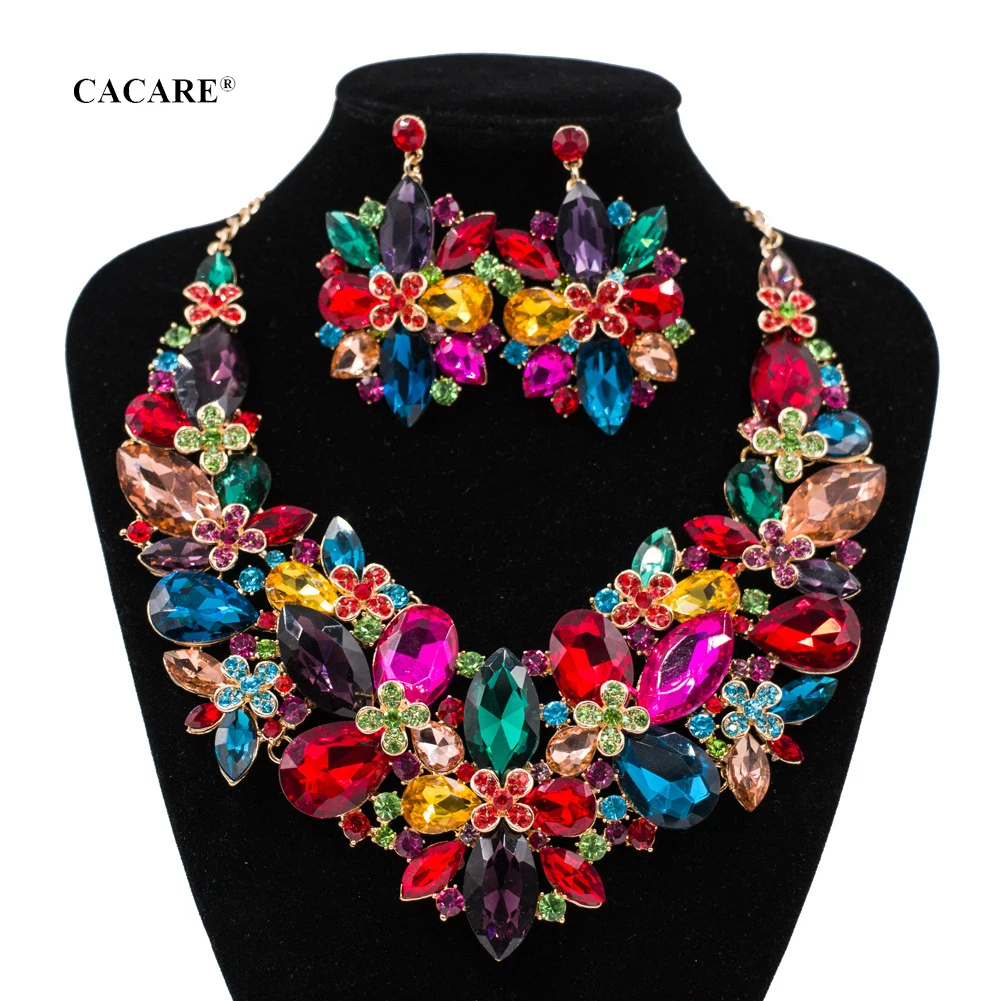 

Vintage Jewelry Sets Women Big Necklace Earring Set Dubai Gold Indian Jewellery F1085 Rhinestone Party Jewels 4 Colors CACARE