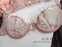 2022 exquisite embroidery lotus pink ultra thin womens sexy transparent lace underwear bra set lingerie set plus size
