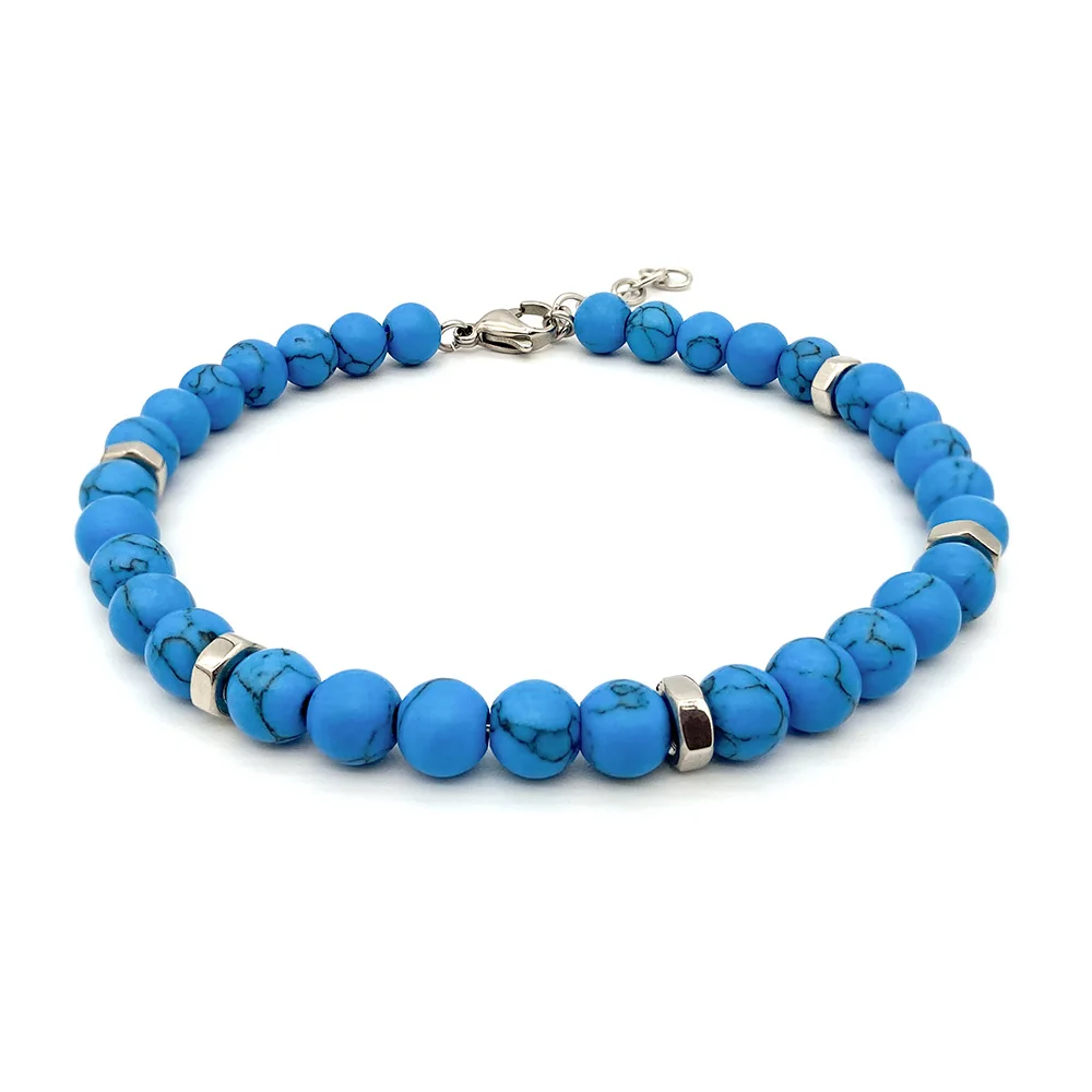 

Runda Men's Bracelet Blue Natural Stone 6mm with Stainless Steel Adjustable Size 22cm Fashion Handmade Charm Bead Bracelet