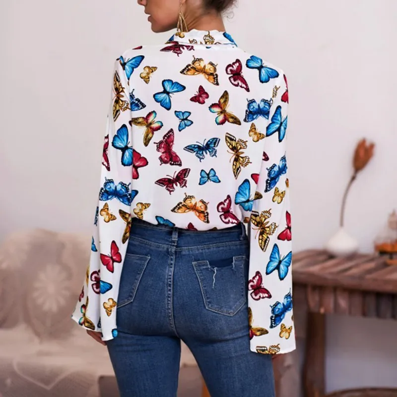 

Autumn Women Bow Tie Butterfly Print Trumpet Sleeve Long Sleeve Shirt Office Lady Clothing White Black XL