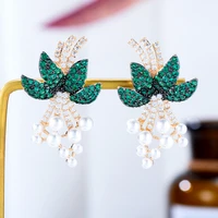 siscathy fashion luxury cubic zirconia leaves stud earrings for women elegant crystal pearl earring party jewelry accessory gift