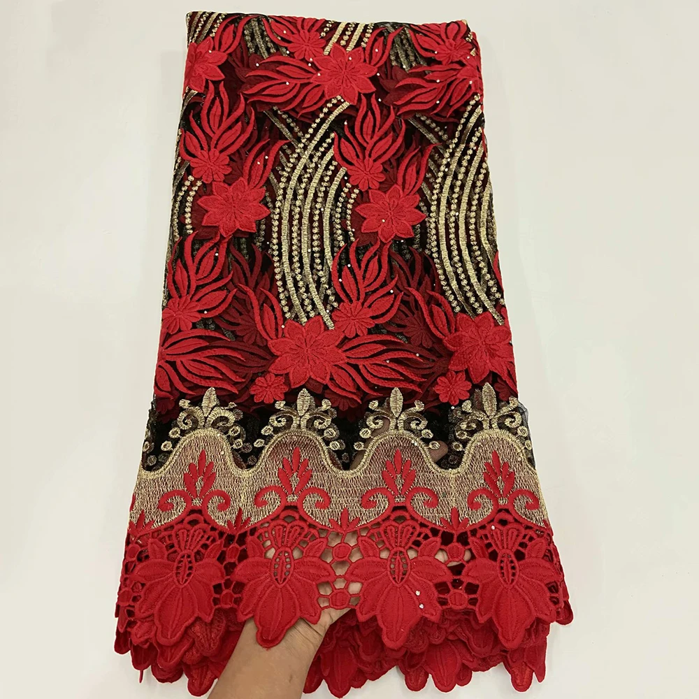 

High Quality African French Net Tulle Lace Fabric Gold Line Water Soluble Guipure Cord Nigerian Embroidery Stone For Party Dress