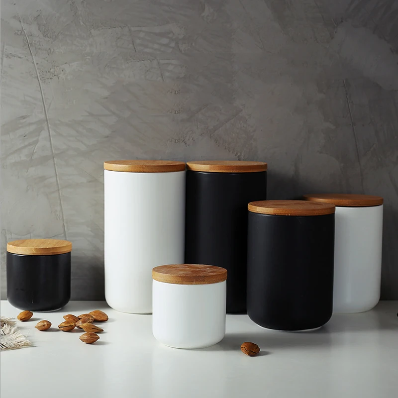 

260ML 800ML 1000ML Ceramic Storage Tank Sealed Coffee Storage Bottle with Wood Lid Spice Jar Container Tea Pot Grain Organizer