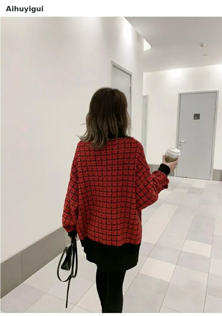 

aihuyigui 2019 autumn winter V-neck Runway Women single-breasted plaid knit cardigan jacquard Jackets Sweater coat mujer dr633