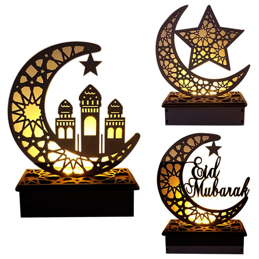 

Wooden Hollow Moon Letter LED Lights Desktop Ornament Eid Mubarak Muslim Islam Ramadan Festival Decorations Art Craft for Home