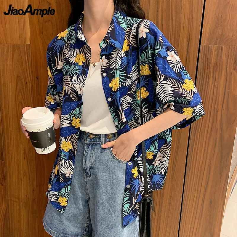 

2021 Women Summer Vintage Chic Print Shirts Korean Student Casual Loose Flower Short Sleeve Blouse Lady Beach Style Top Cardigan