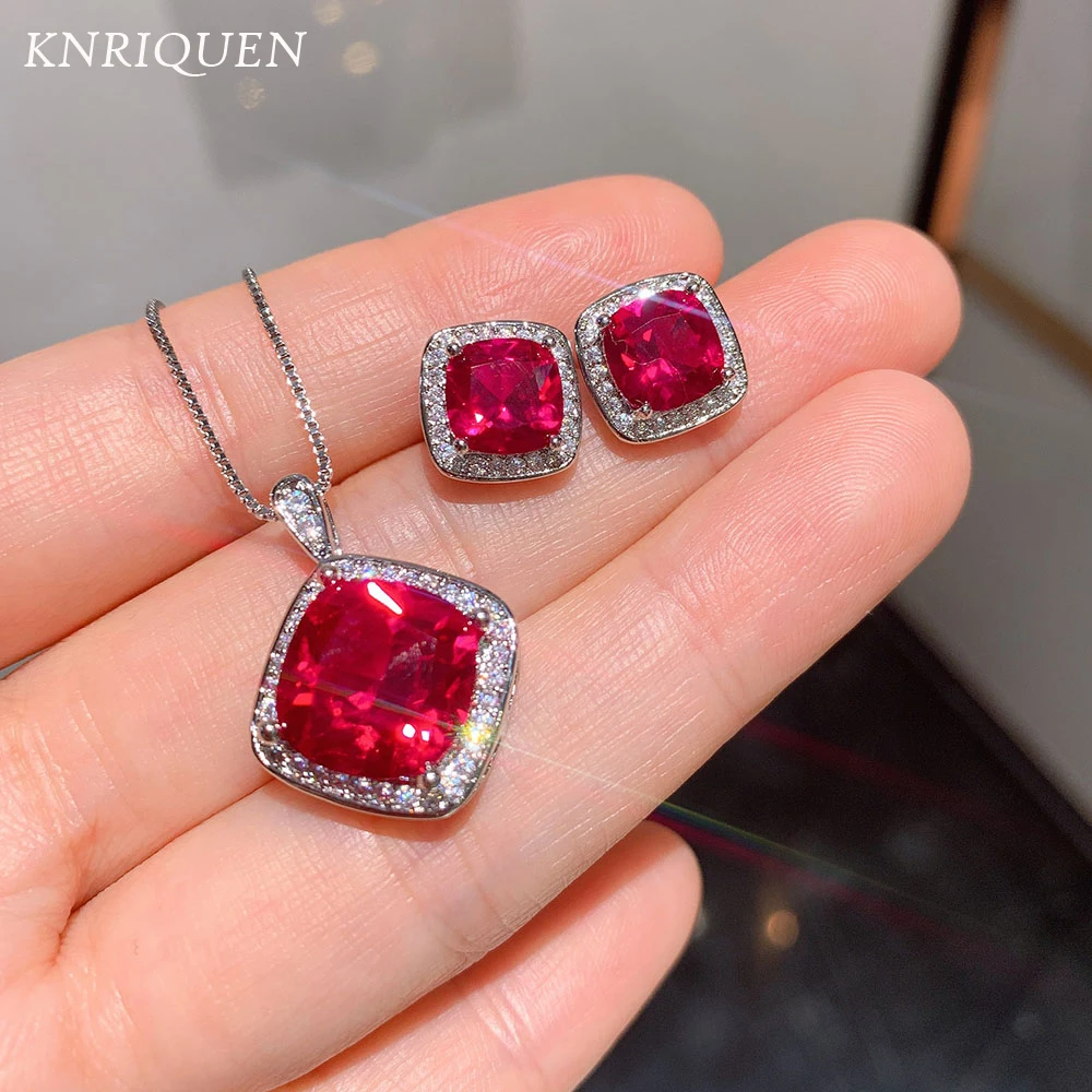 

2021 Trend 925 Sterling Silver Created Ruby Gemstone Stud Earrings Pendant Necklace Charms Wedding Fine Jewelry Set for Women