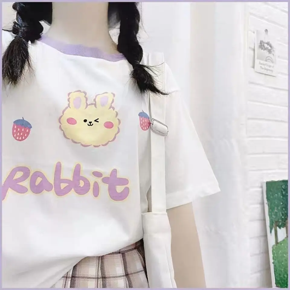 

Summer Japanese Cute Lolita Women T-Shirts Student Kawaii Strawberry Rabbit Short Sleeve Loose Casual Tops Girl Tee Tshirt