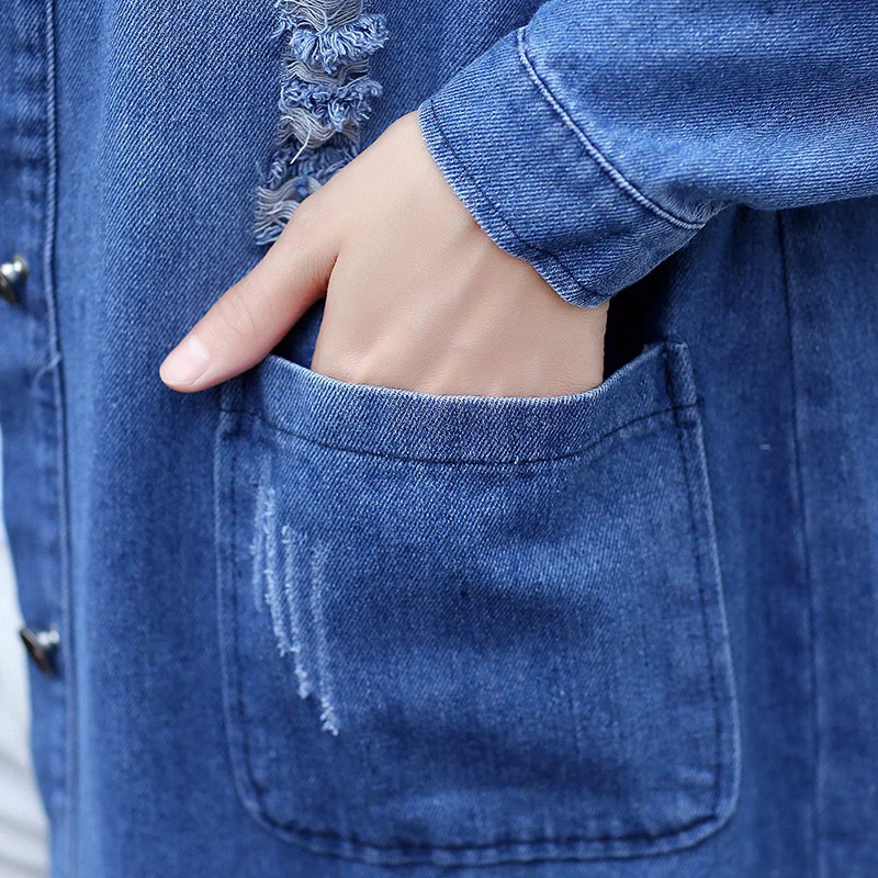

Spring Autumn 2019 New Large Size Loose Thin Casual Fashion Wild Windbreaker Female Long Sleeve Long Hole Denim Jacket Q71