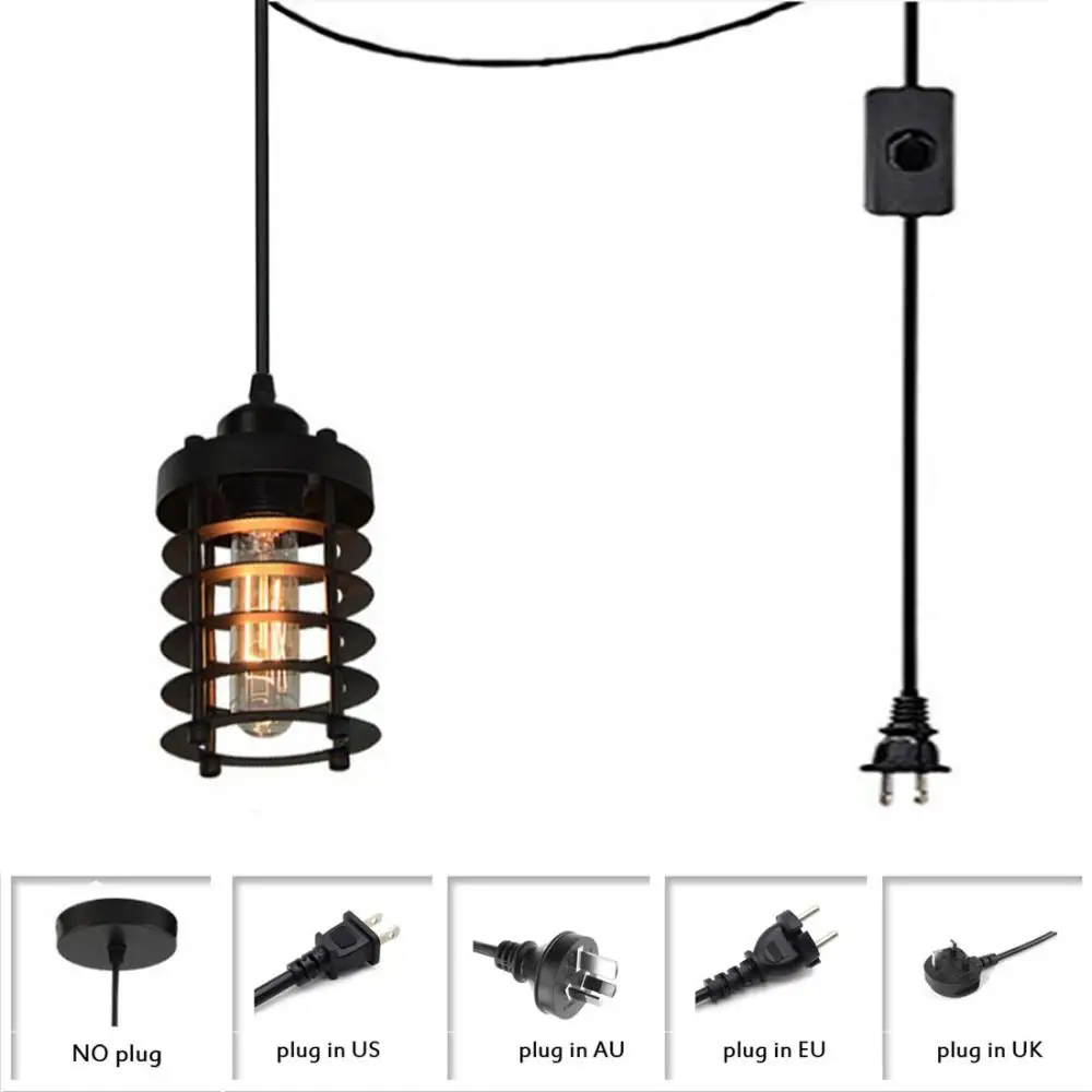 

Подвесной светильник в виде черной металлической клетки с штепсельным шнуром и переключателем регулировки яркости, промышленный подвесно...