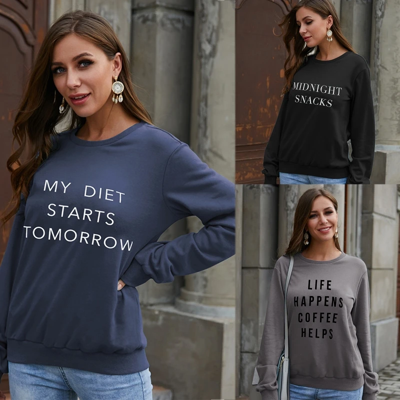

40GC Women Casual Crewneck Letters Print Sweatshirt Long Sleeve Pullover Loose Tunic Top Outdoor Autumn Winter Streetwear