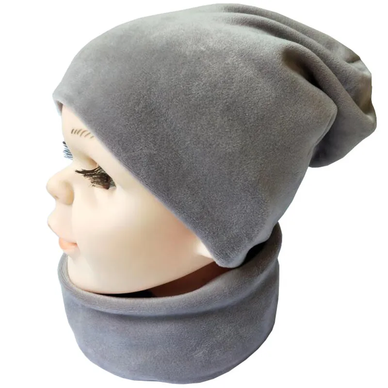 Grey set Однотонная Вельветовая теплая шапка для младенца вязанные крючком шапки-бини для мальчиков и девочек осень-зима вязаная детская шапка шарф Дети Skullies - Цвет: Grey set