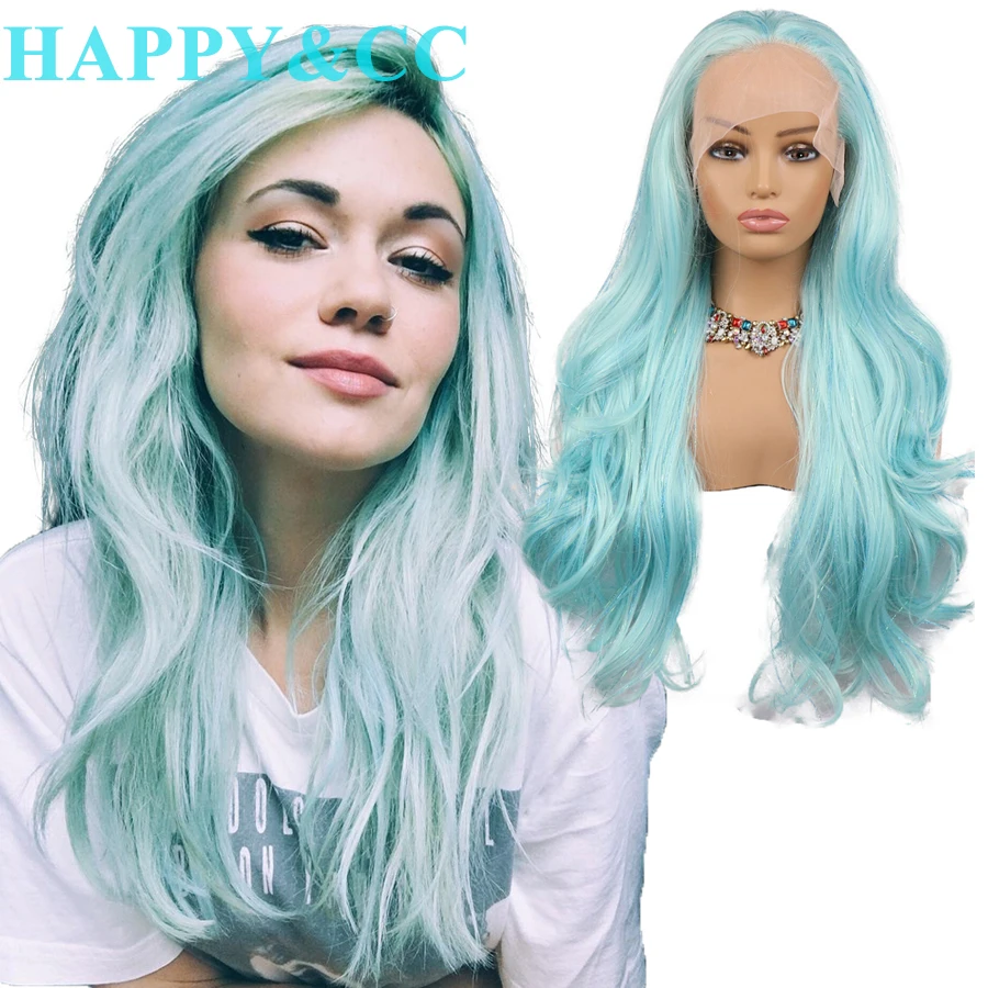 Blue Color Synthetic Lace Front Wigs Glitter Hair For Women Sparkle Glittering Hair Party Long Natural Wavy Heat Ressitant Wigs