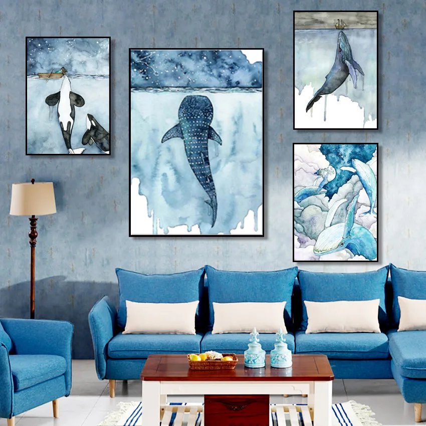 

Abstract Deep Sea Wall Painting Whale Shark Sailboat Cartoon Printing Customizable Frameless Canvas Home Decoration Poster