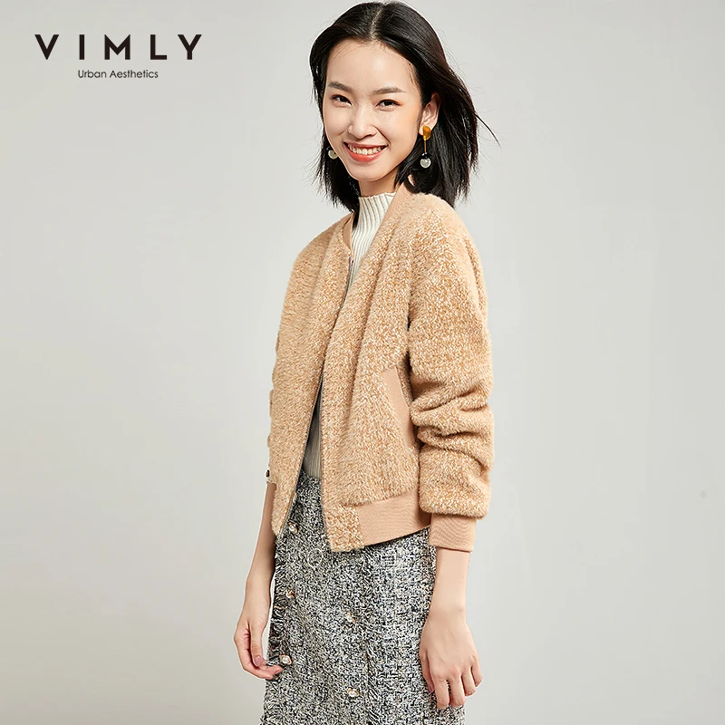 Vimly Women Faux Mink Jacket Autumn Winter Vintage Patchwork O Neck Zipper Pockets Long Sleeve Short Coat Female Overcoat 30102