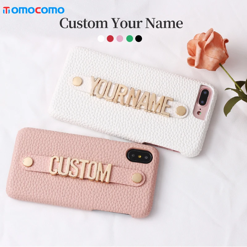 Holding Strap Letter Custom Personalize Name Pebble Leather Phone Case For iPhone 7/8 Plus /X/XR/XS/11/12/13PRO MAX Luxury Cover