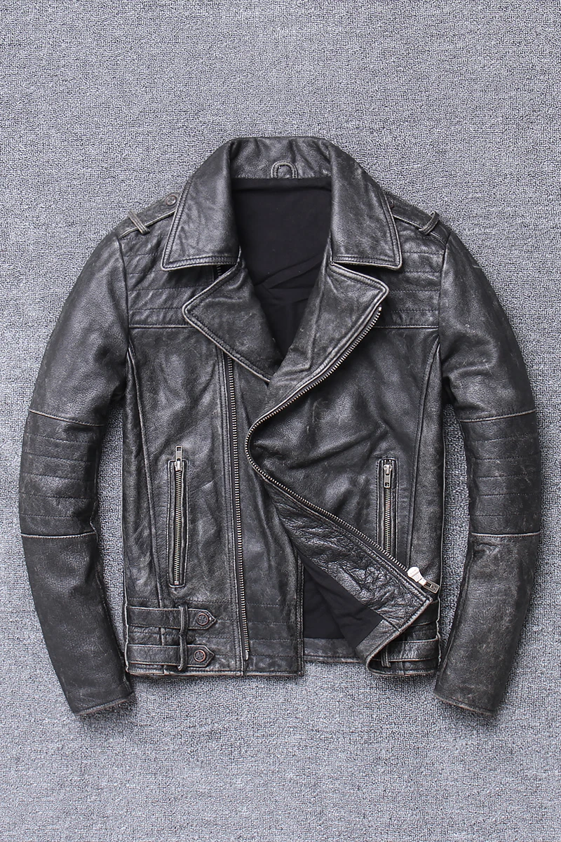 

Men's Leather Jacket 100% Real Cow Leather Genuine Leather Jacket Men Slim Long Sleeve Jacket Style of Vintage X-15818