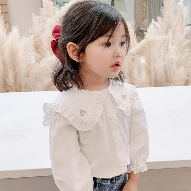 

Casual Shirts & Blouses for Kids Turn-Down Collar Girl's Clothing Spring Autumn Tops Lantern Sleeve Shirts White Blouse for Kids