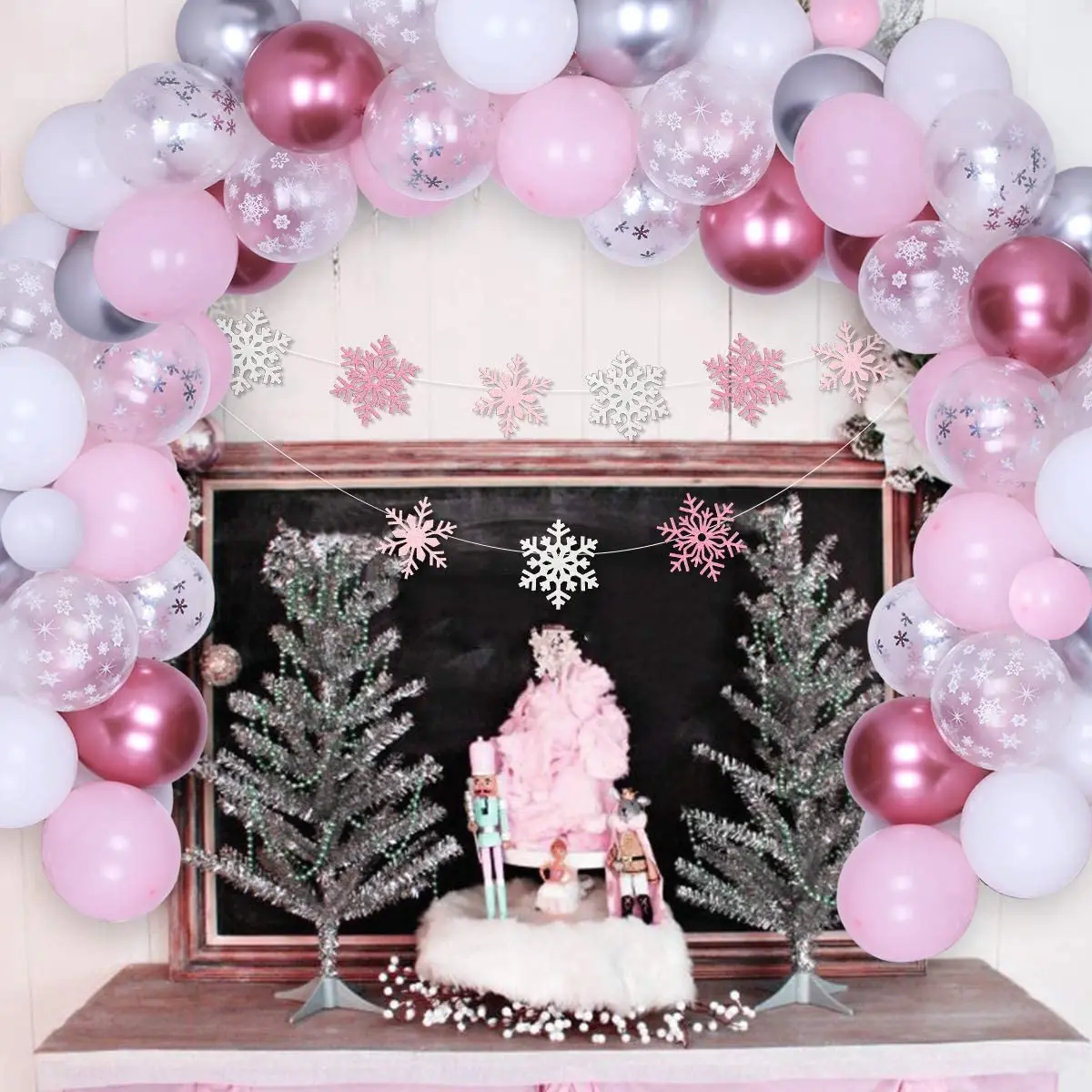 Suministros de fiesta de primer cumplea&ntilde;os con tem&aacute;tica de Frozen rosa, Kit de arco de guirnalda de globos, guirnalda de copo de nieve para ni&ntilde;a, decoraciones para fiesta de Baby Shower-1