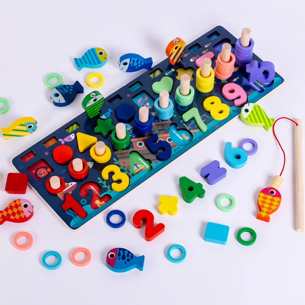 

Math Educational Toys Kids 3D Montessori Wooden Toy Children Busy Board Magnetic Fishing Dinosaur Digital Shape Matching Blocks