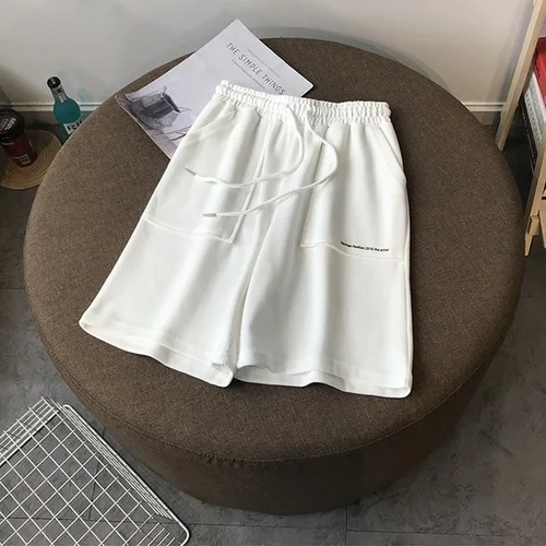 

Summer High Waist Wide Leg Short Pants Women black Knee Length Pants Drawstring Korean pure cotton Casual loose Holiday Trousers
