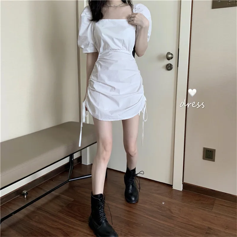 2020 летние новые квадратный воротник платье с короткими рукавами шнурок