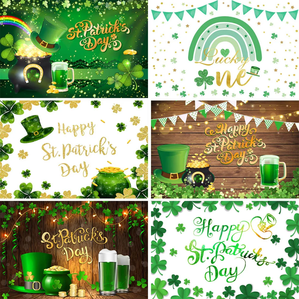 

Happy St Patrick's Day Backdrop Shamrock Green Hat Beer Gold Clover Lucky Birthday Party Holiday Celebration Photo Background