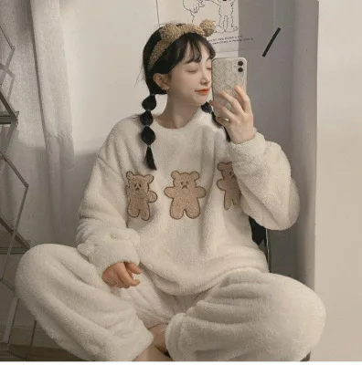 Long-sleeved Pajamas Women's Thickened Flannel Round Neck Suit Loose and Comfortable Cute Cartoon Home Service Pijamas Women