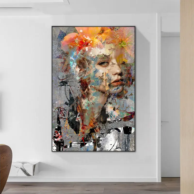 

Graffiti Colorful Lady Oil Painting Portrait Canvas Painting Nostalgic Nordic Art Poster Wall Picture for Living Room Decoration