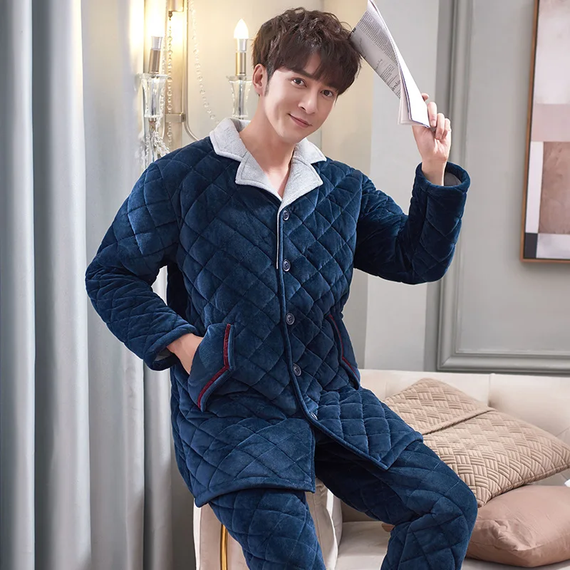 Men's Pajamas Winter Three-layer Quilted Thickened Plus Velvet Warm Coral Flannel Home Service Pigiama Uomo Invernale Dormir Top