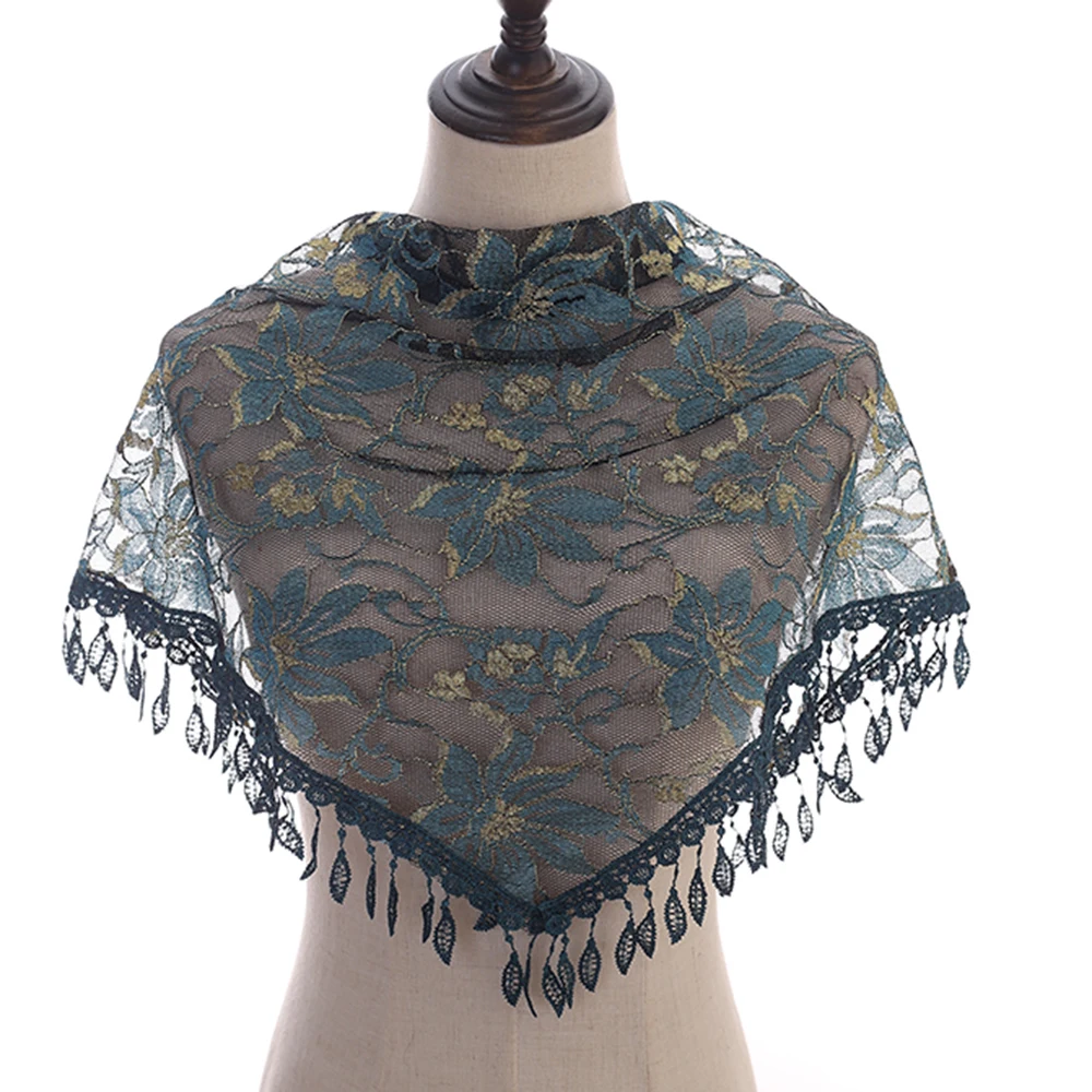 

Однотонный треугольный кружевной вуальный шарф, женские шарфы из полиэстера с цветочной кисточкой, молитвенные головные уборы для церкви, ...