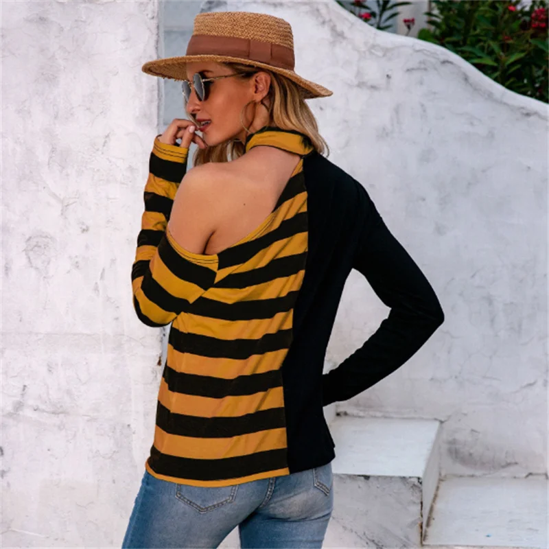 

2021 European and American new autumn and winter ladies casual loose strapless striped long-sleeved sweater