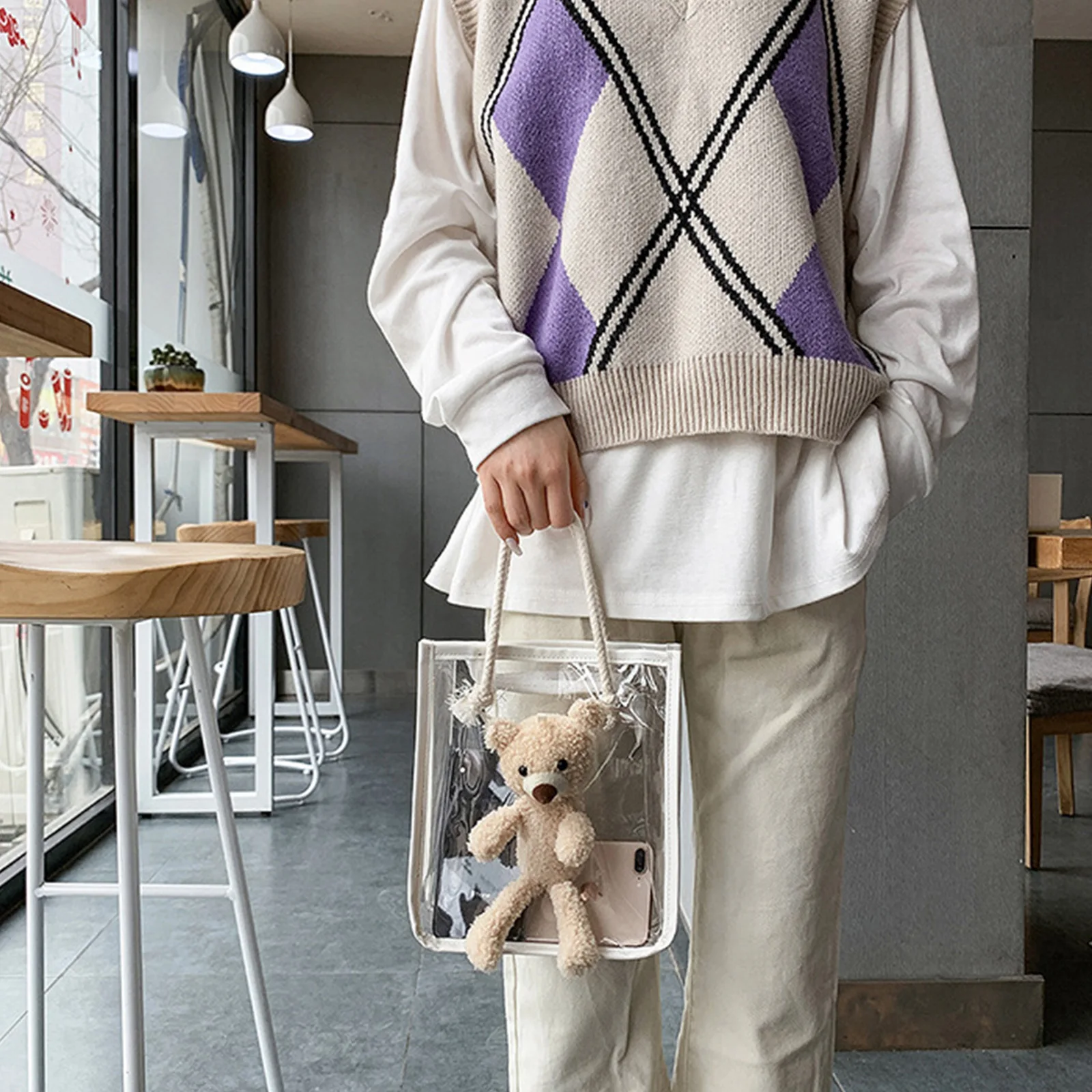 

Fashion Clear Tote Bag Cute Cartoon Bear Handbag Lightweight Top Handle Shopping Bag