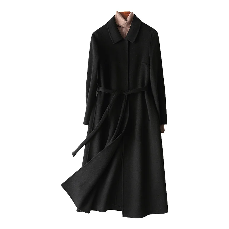 Женское шерстяное пальто с поясом винтажное элегантное в Корейском стиле модель