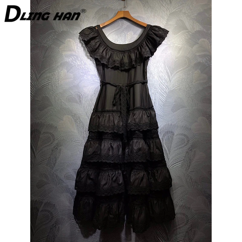 

DLINGHAN Fashion Floral Embroidery Midi Dress Womenelegant Cascading Ruffle Hollow Out party cake Dresses Designer Autumn New