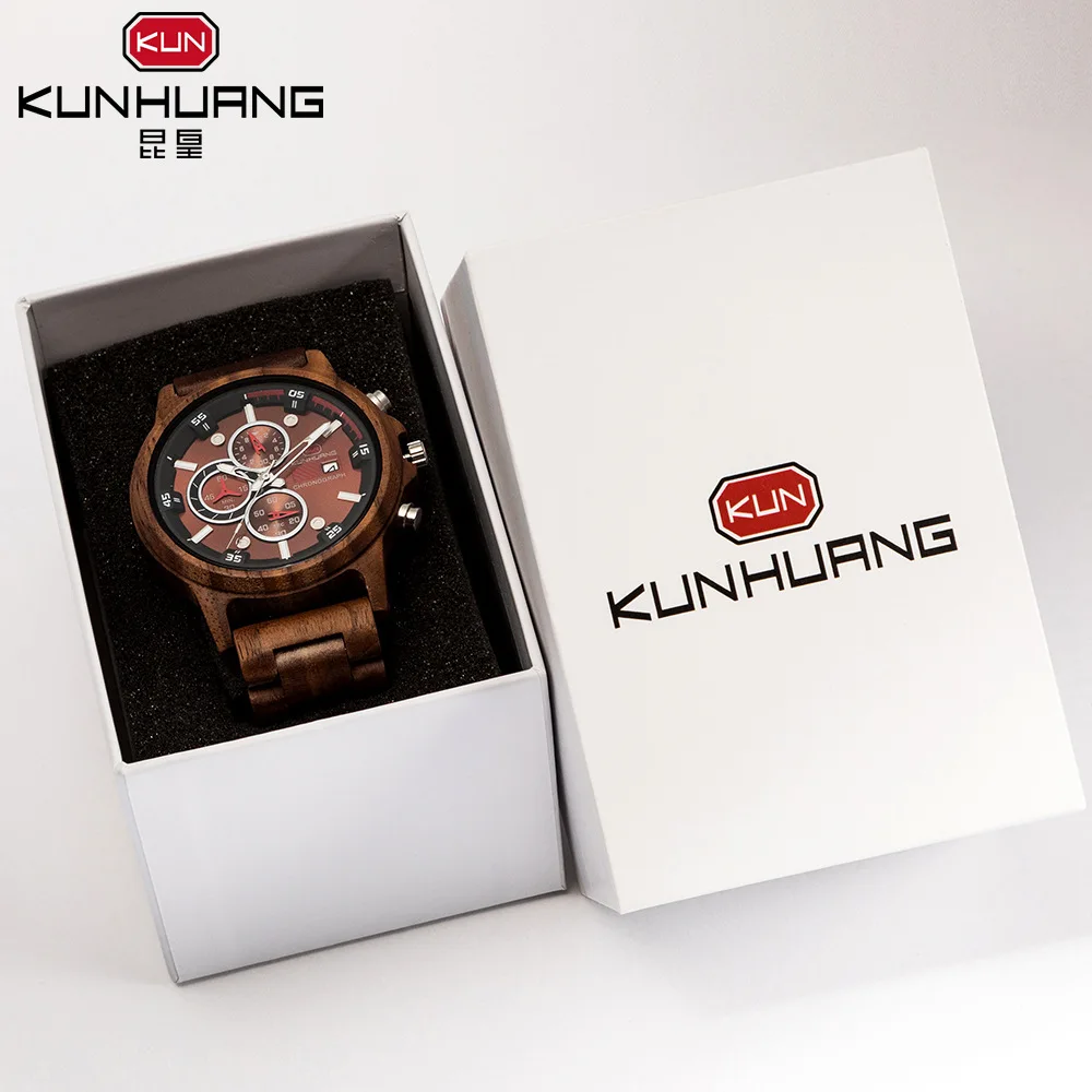 

Personality Wooden Quartz Watches Big Dial Sports Fashion Multifunctional Dial Design Chronograph Date Luminous Gift box KH1019
