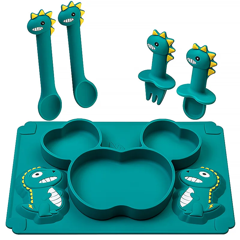 

Baby Dinner Plate Food Grade Silicone Tableware Anti-drop Cartoon Dinosaur Baby Suction Cup Non-slip Kids Dishes Spoon + Fork