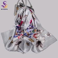 bysifa new spring silver grey 100 silk scarf shawl women luxury natural silk long scarves floral design fall winter scarves