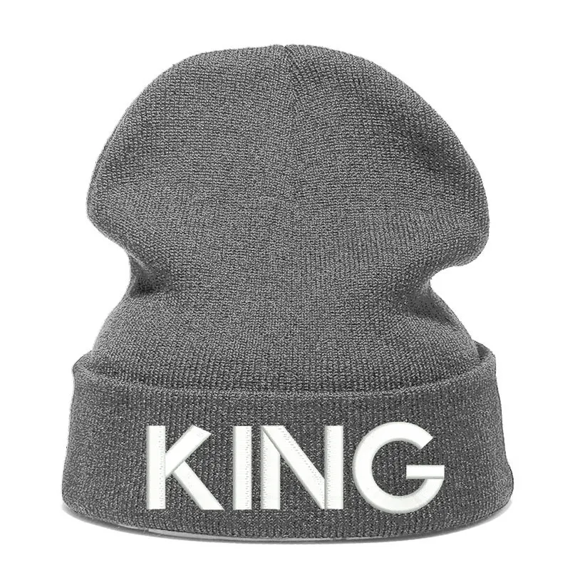 King Letter Beanie Hat Skullie шапка, вязаная шапка-носок зимняя Осенняя вязаная вышивка Кепка в стиле хип-хоп Мужская и женская Подростковая Кепка для уличных танцев черная