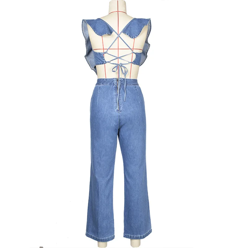

Fashion Lace Up High Waist Ruffled Bodysuit Women Sexy Backless Playsuits New Streetwear 2021 Summer Spring Denim Style Jumpsuit