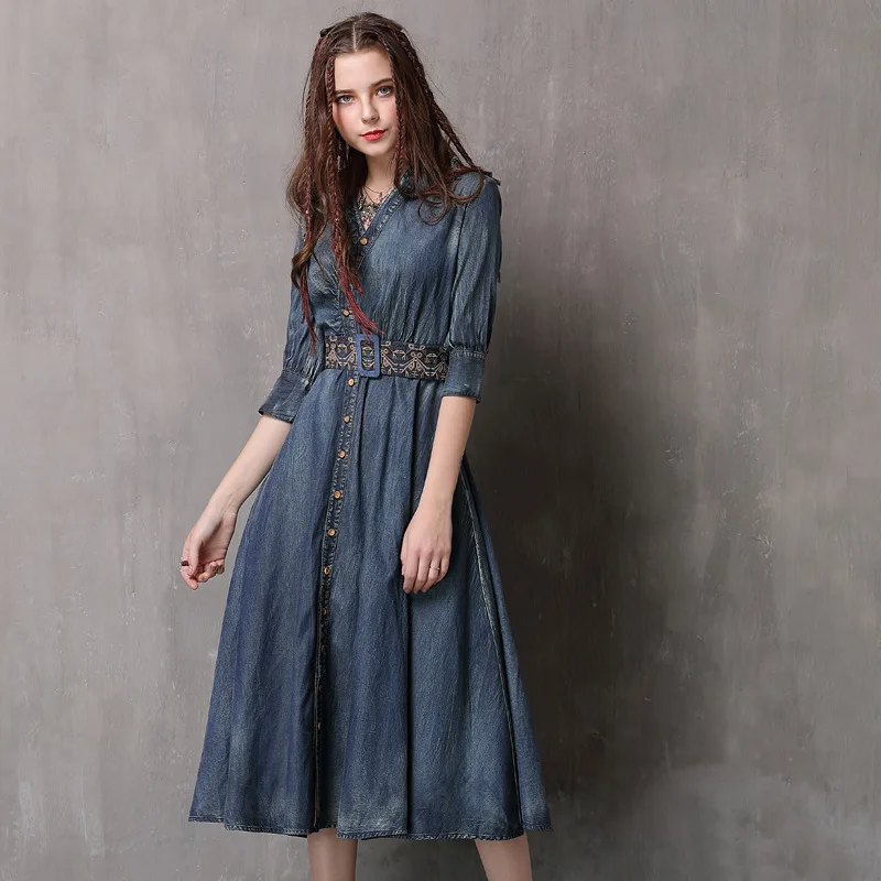 

Irregular embroidery belt waist mid-length denim skirt 2021 spring new umbrella swing mid-sleeve dress