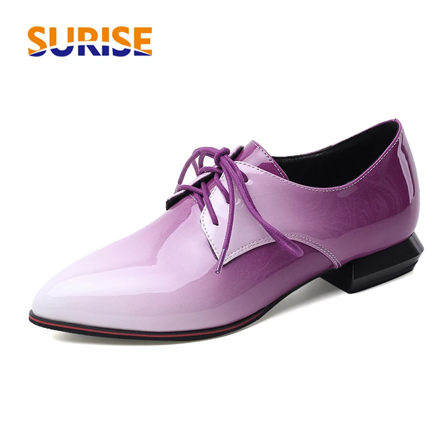 

British Women Oxfords Gradient Red Purple Patent Leather Flats Casual Office Ladies Pointed Toe Lace-up Brogue Derbies Plus Size