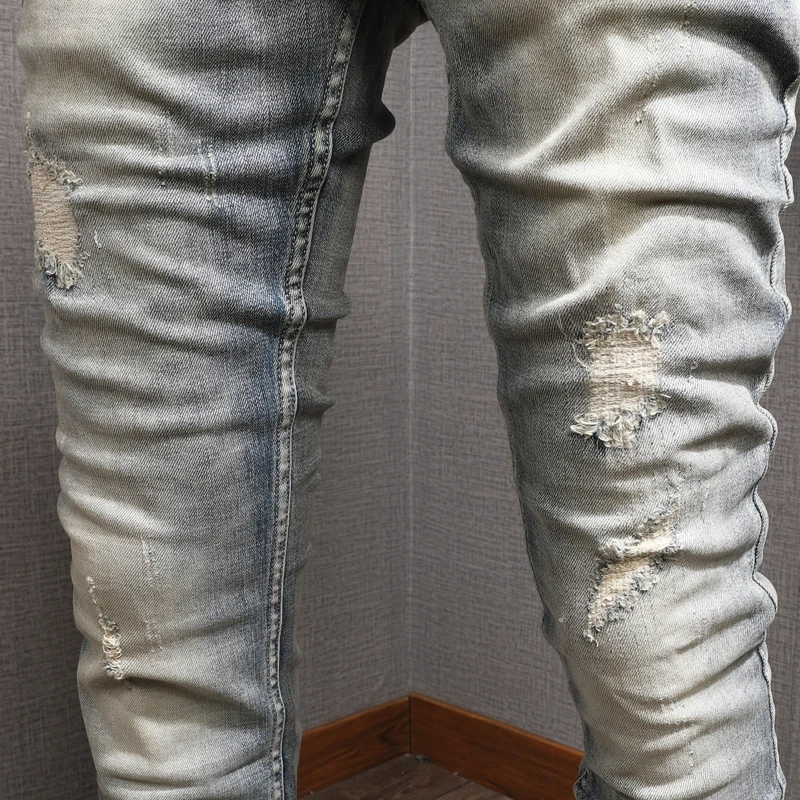 New Men's Vintage Blue Ripped Stretch Jeans Men Casual Slim Fit Pencil Pants Streetwear Distressed Jean