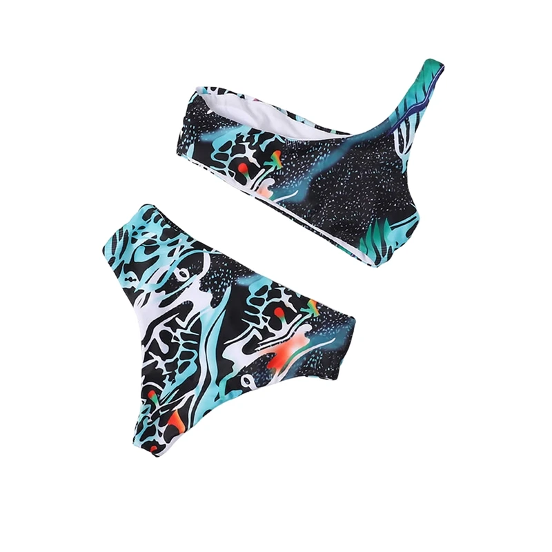 

2020 Summer New Women Sexy Fashion One Shoulder Print High Waist Bikini Sets Beachwear Bathing Suits Swimsuits Swimwear