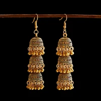 retro indian bollywood kundan jhumka jhumki three layer drop earrings for women boho ethnic gypsy fashion wedding wear jewelry